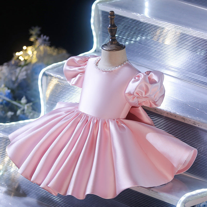 Sweet Baby Girls Pink Puff Sleeve Pleated Princess Dress Toddler Flower Girl Dresses