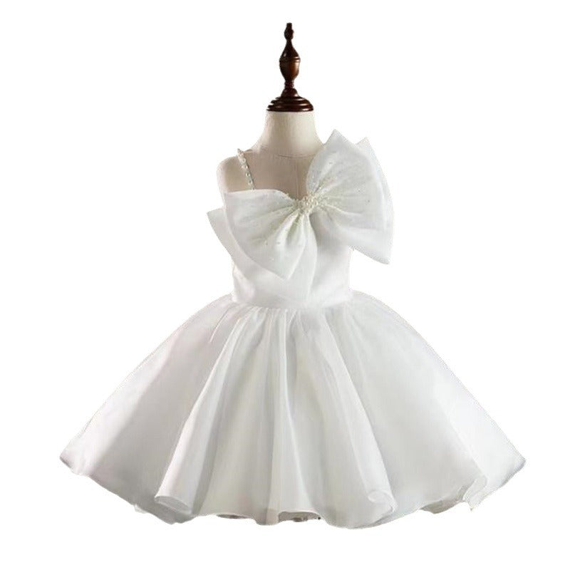 Elegant Baby Girls Pink Bow Pearl Strap Puffy Girls Christening Dress Toddler Beauty Pageant Dressess