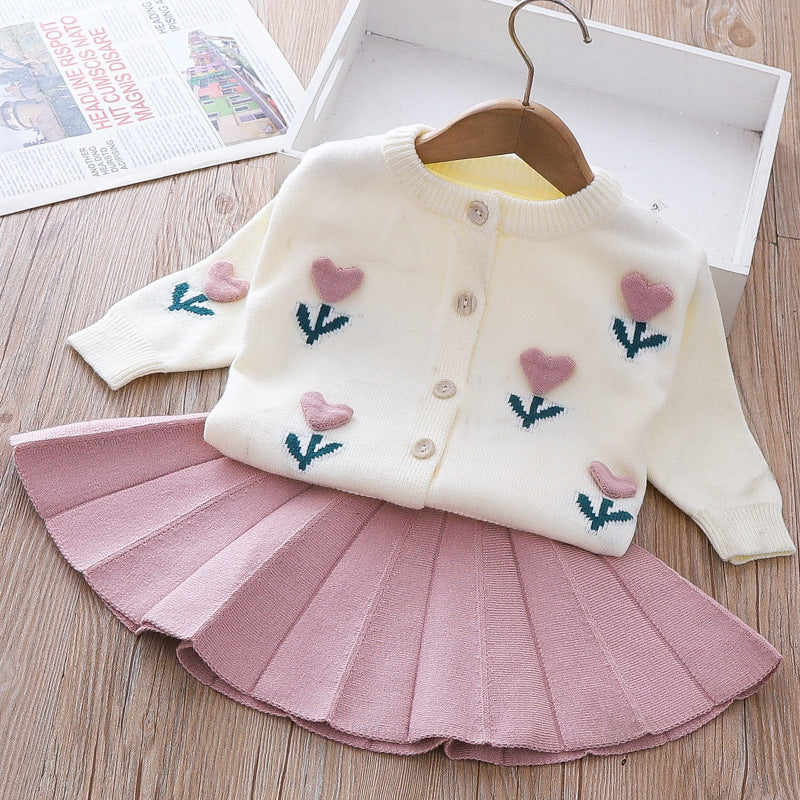 Lovely Girls Winter Sweater Flower Dress Children's Two-piece Dress