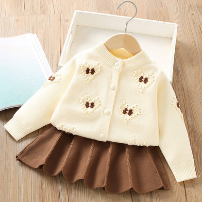 Girls Solid Color Sweater Knitted Princess Two Piece Set