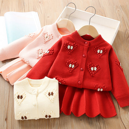 Girls Solid Color Sweater Knitted Princess Two Piece Set