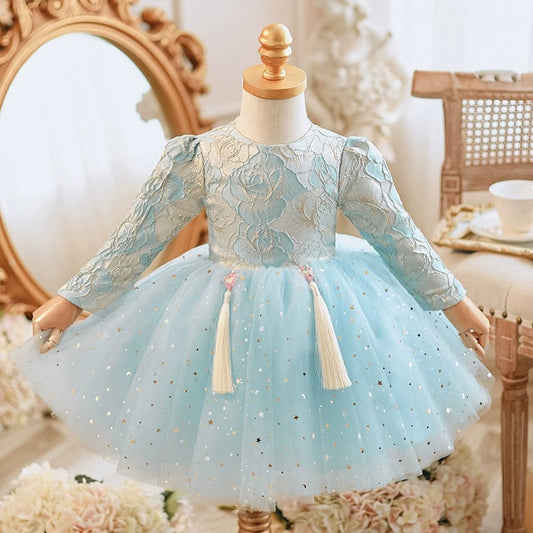 Elegant Baby Light Blue Long Sleeve Floral Fringed Sequin Princess Dress Toddler Pageant Dresses