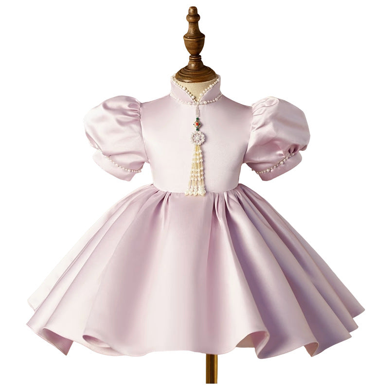 Elegant Baby Girls Lilac Puff Sleeve Pearl Stand Collar Princess Dress Toddler Flower Girl Dress