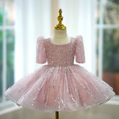 Elegant Baby Girl Pink Sequined Puff Birthday Dress Toddler Ball Gowns