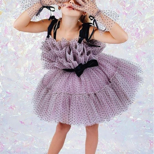 Elegant Baby Ball Gown Toddler Purple Suspender Polka Dot Birthday Dresses