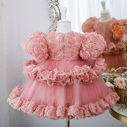 Girl Christmas Dress Baby Girl Dress Toddler Pink Rose Fluffy Party Puff Sleeves Cake Princess Dress