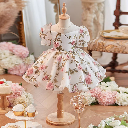 Elegant Baby Mesh Puff Sleeves Floral Birthday Party Dress Toddler First Communion Dress