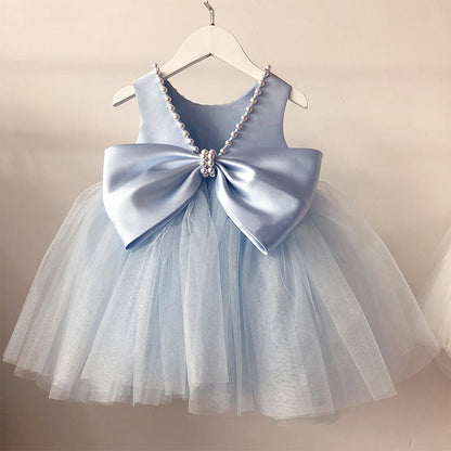 Summer  Baby Flower Girl Blue V-neck Dress Toddler Birthday Party Dress