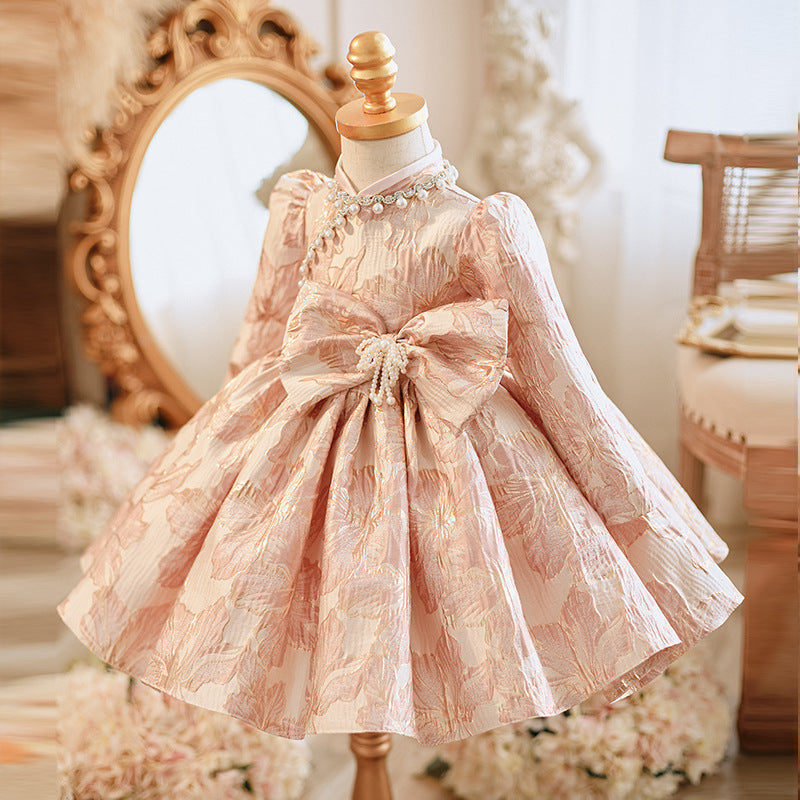 Elegant Baby Pearl Plate Button Bow Pattern Princess Dress Toddler Ball Gowns Pageant Dresses