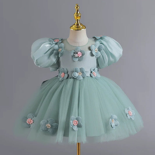 Elegant Baby Girls Floral Tulle Pageant Dresses Toddler Puff Sleeve Princess Dresses For Girls