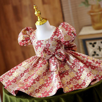 Elegant Baby Girls Red Floral Bow First Year Dress Girls Pageant Dresses