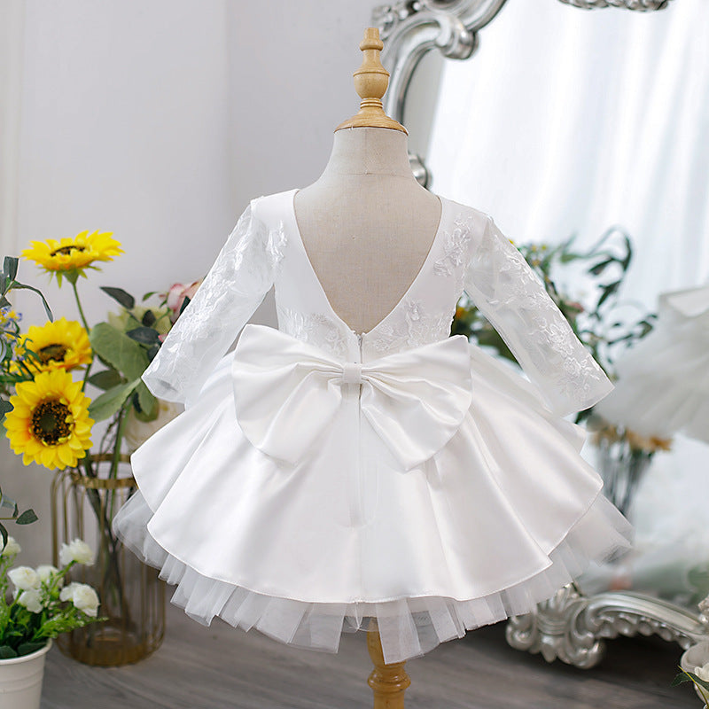 Elegant Baby Girls Patterned Lace White Princess Dress Toddler One Year Old Dress Puff Dress