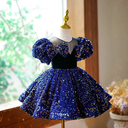 Elegant Baby Girls Dark Blue Sequin Bow Princess Dress Toddler Prom Dress