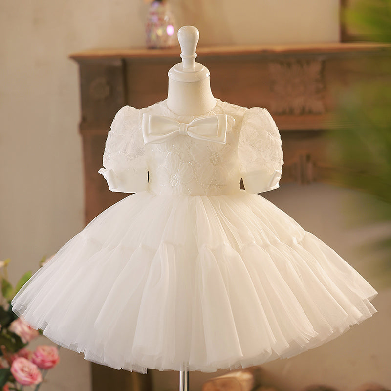 Newborn White Bow Baptism Dress  Baby Girl Sequins Dress Toddler Prom Dress