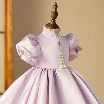 Elegant Baby Girls Lilac Puff Sleeve Pearl Stand Collar Princess Dress Toddler Flower Girl Dress