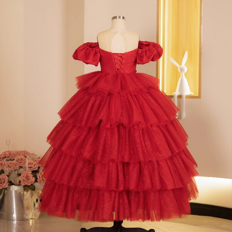 Elegant Baby Red One-shoulder Puffy Mesh Princess Dress Toddler Christening Dresses