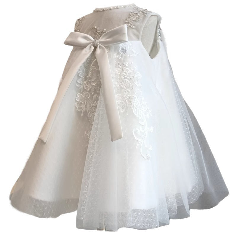 Elegant Baby Girls Mesh White Bow Flower Girl Dress Toddler Formal Princess Dress