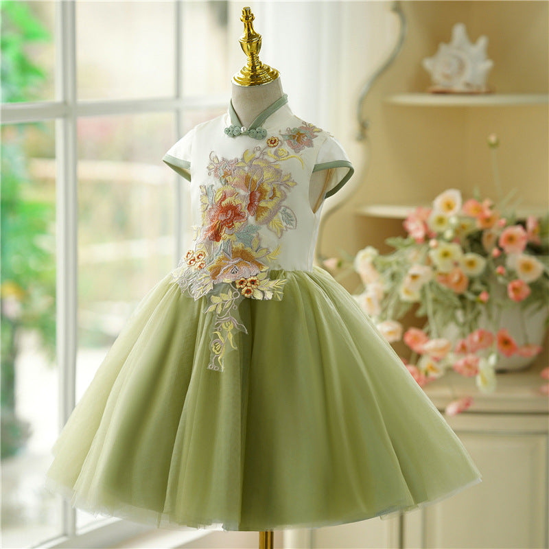 Elegant Baby Girls Green Floral Princess Dress Toddler Ball Gown