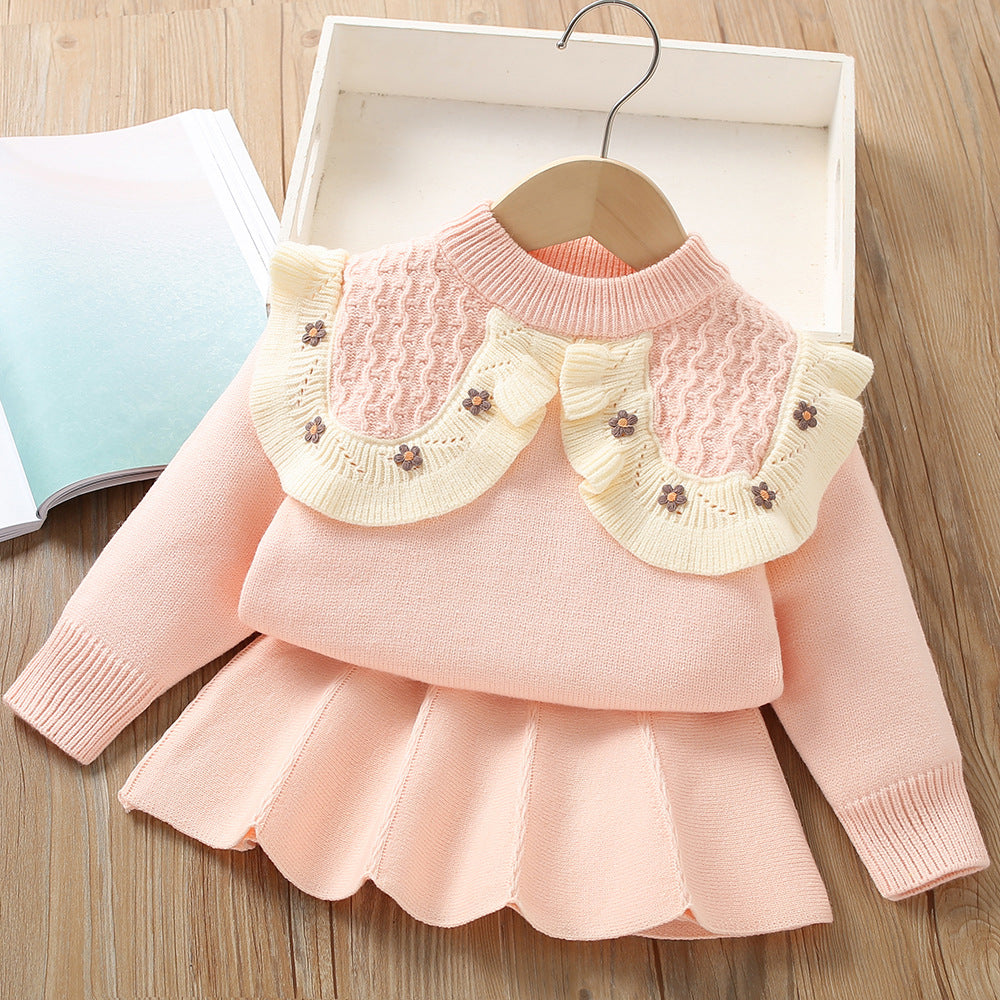 Fake Collar Flower Knitted Girls Sweater Two Piece Set