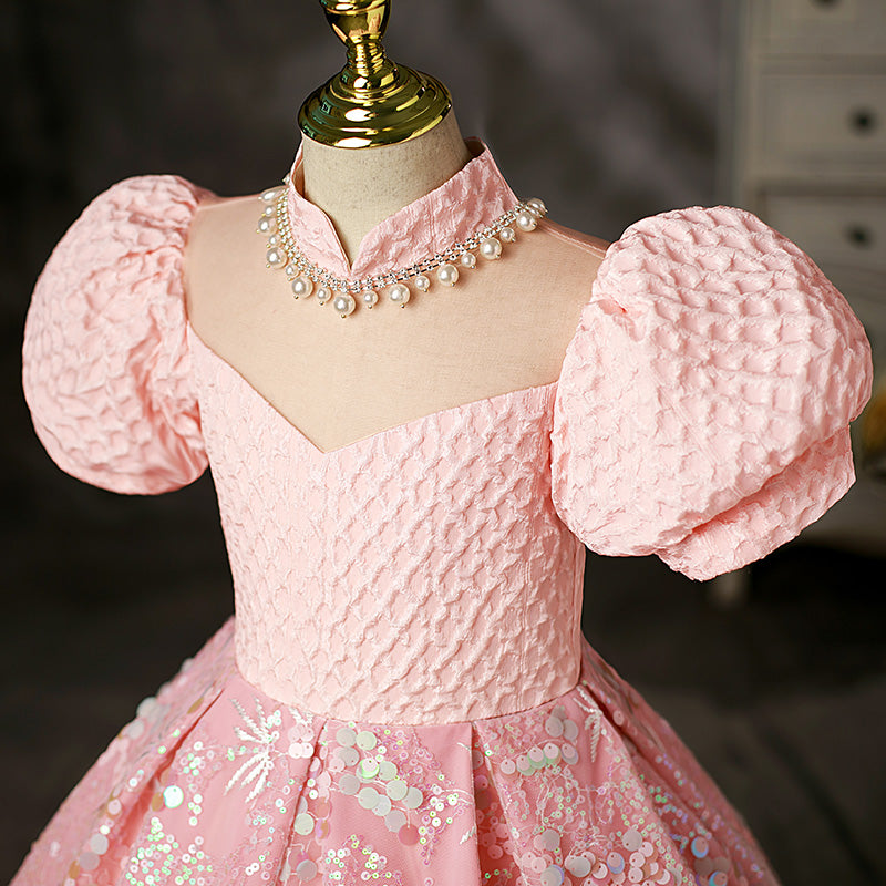 Toddler Ball Gowns Girl  Luxury Sequins Pink Puff Sleeves Princess Pageant Communion Dress