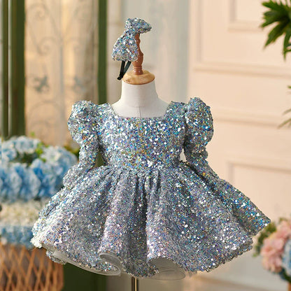 Girls Christmas Dress Grey Sequins Puffy Dress Toddler Birthday Princess Dress