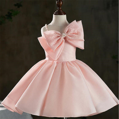 Elegant Baby Girls Pink Bow Pearl Strap Puffy Girls Christening Dress Toddler Beauty Pageant Dressess