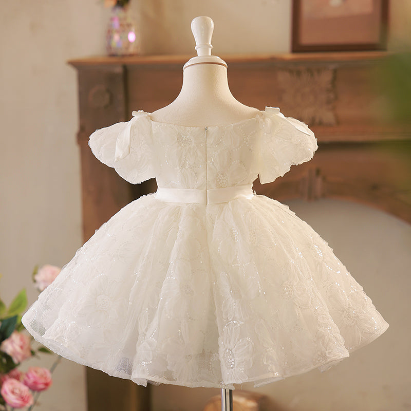 Toddler Prom Dress Girl White Sequins Puffy Pageant Princess Dress