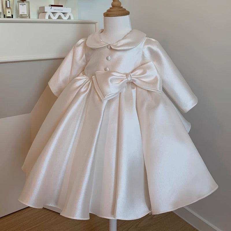 Elegant Baby Girls White Baby Doll Neck Bow Princess Dress Toddler First Birthday Dress