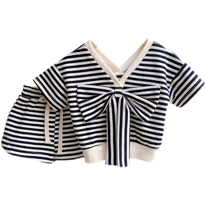 Summer Striped Suit Girls Bow T-shirt Two-piece Suit