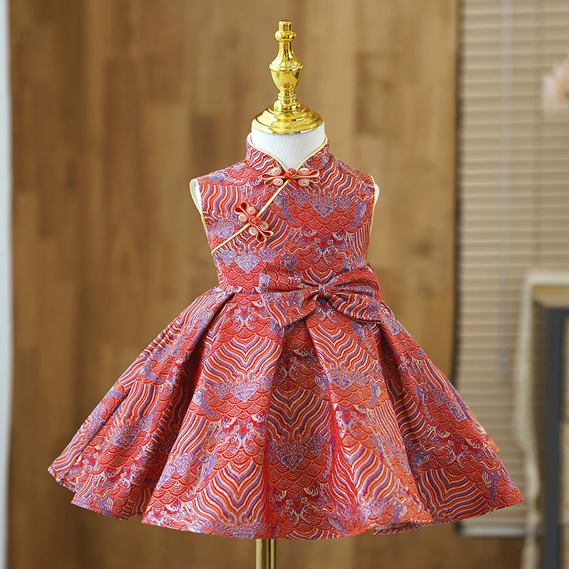 Elegant Baby Girls Red Pattern Shawl Dress Toddler Birthday Dresses New Chinese Style Birthday Princess Dress