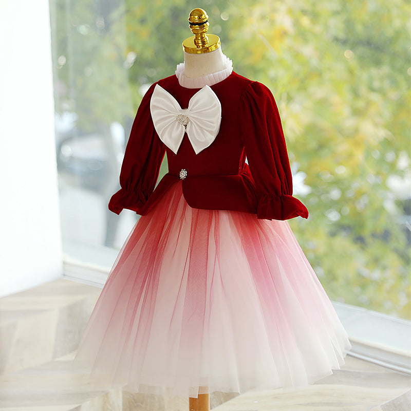 Girl Christmas Dress Toddler Ball Gowns Toddler Red Gradient Long Sleeve Big Bow Princess Dress