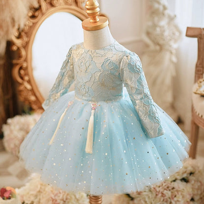 Elegant Baby Light Blue Long Sleeve Floral Fringed Sequin Princess Dress Toddler Pageant Dresses