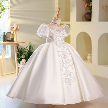 Elegant Baby Broken White Pattern Puff Sleeve Prom Dress Toddler Girls Formal Dress