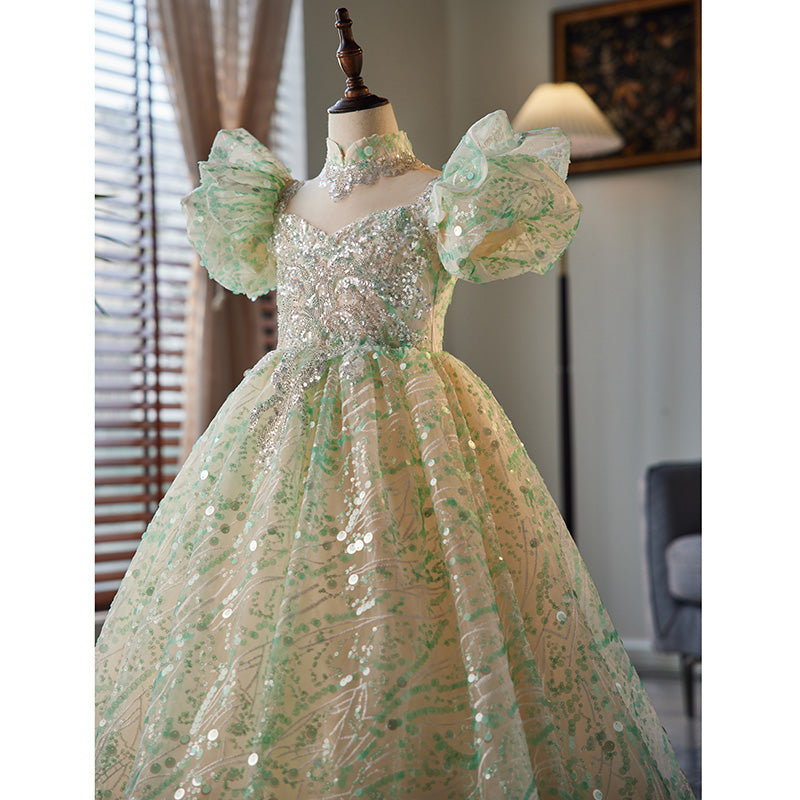 Girl Birthday Party Dress Green Sequins Stand Collar Princess Dress