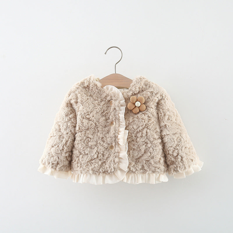 Floral Wool Jacket Girls Crew Neck Jacket