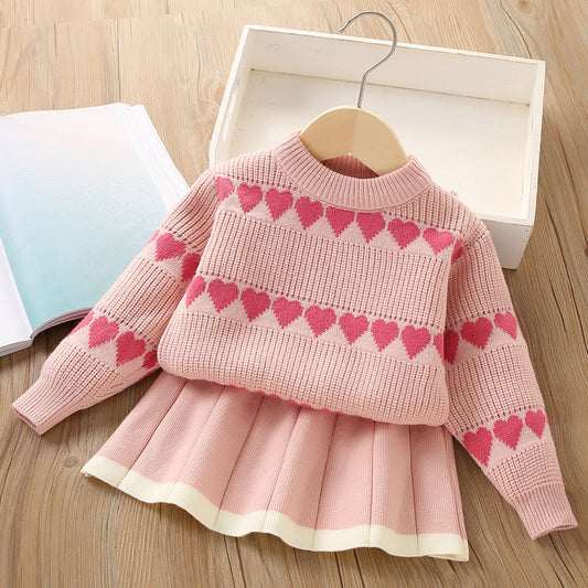 Girls Long-sleeved Heart Knitted Sweater Two-piece Set