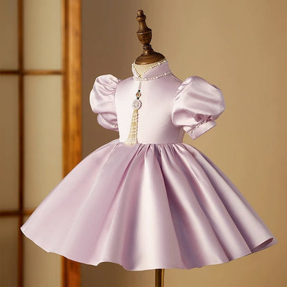 Elegant Baby Girls Lilac Puff Sleeve Pearl Stand Collar Princess Dress Toddler Flower Girl Dress