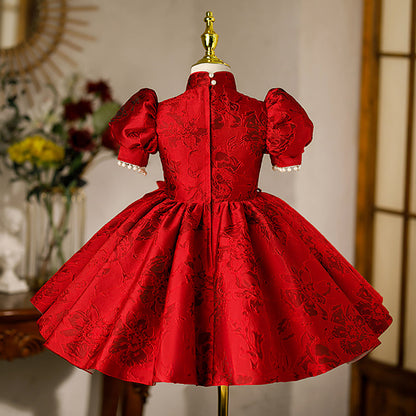 Girl Christmas Dress Little Girl Dress Toddler Retro Red Printed Stand Collar Formal Party Princess Dress