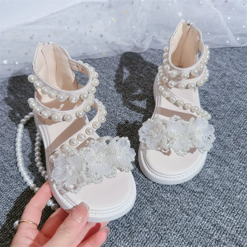 Summer Soft Bottom Princess Flower Pearl Sandals Beach Roman Shoes