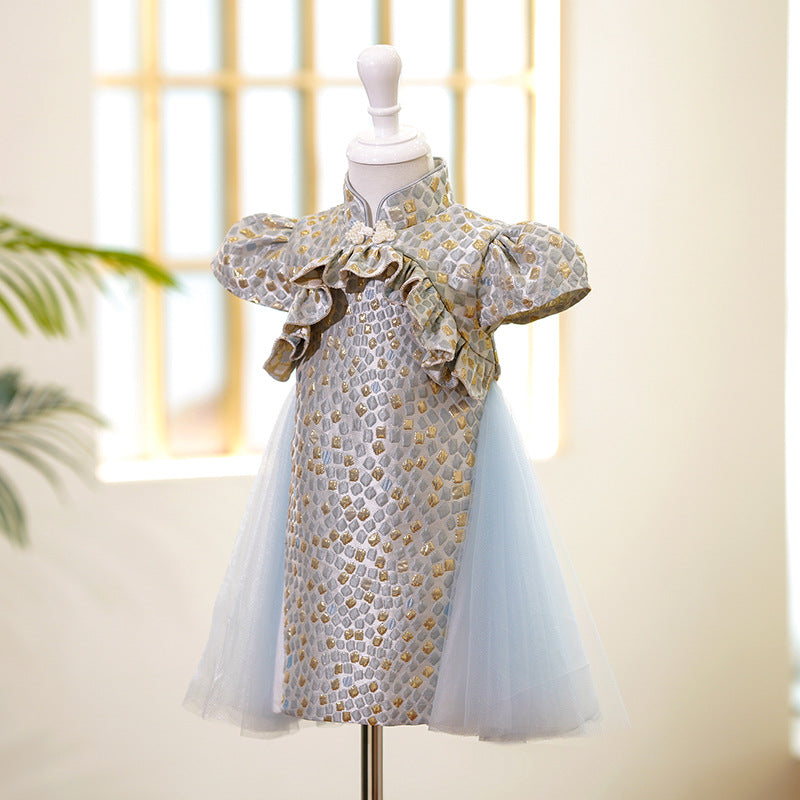 Elegant Baby Pattern Puff Sleeves Button-up One-year-old Dress Toddler Ball Gowns