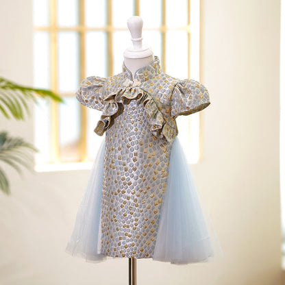 Elegant Baby Pattern Puff Sleeves Button-up One-year-old Dress Toddler Ball Gowns