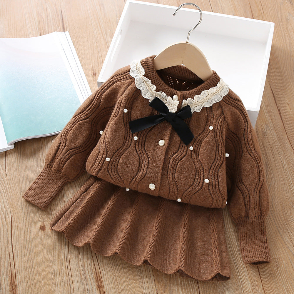 Solid Color Beaded Bow Knitted Cardigan Two-piece Set