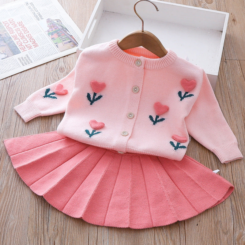 Lovely Girls Winter Sweater Flower Dress Children's Two-piece Dress