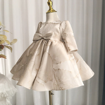 Elegant Baby One Year Old Long-sleeved Printed Satin Princess Dress Toddler's First Christening Dress