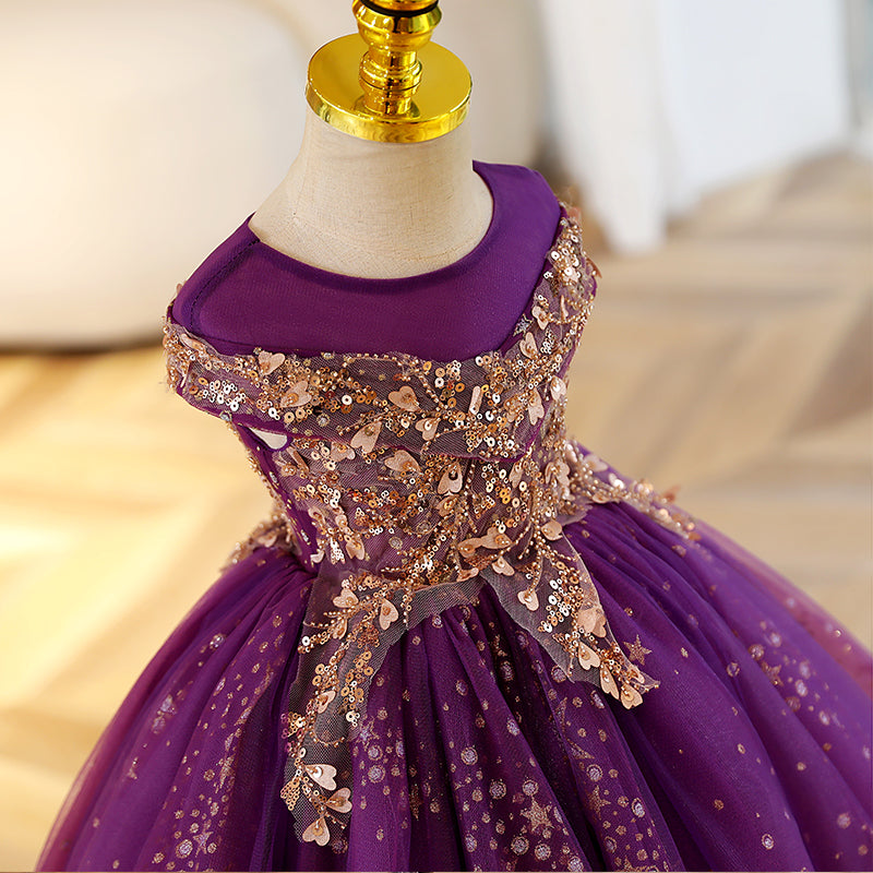 Toddler Ball Gowns Girl Summer Princess Dress Purple Sequin Fluffy Dress