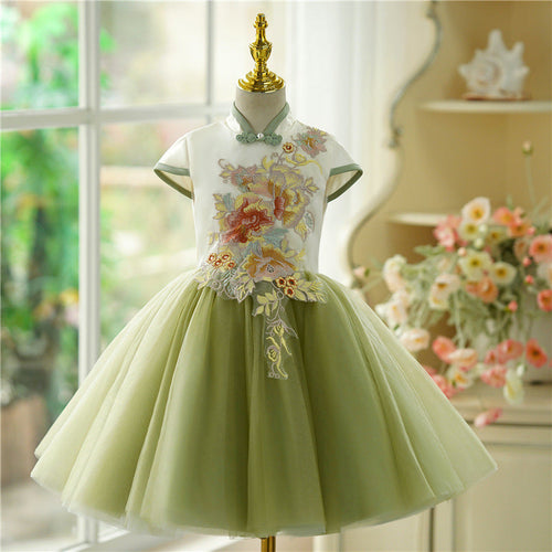 Elegant Baby Girls Green Floral Princess Dress Toddler Ball Gown