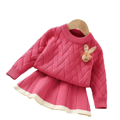 Solid Color Pullover Knitted Skirt Girls Sweater Two-piece Set