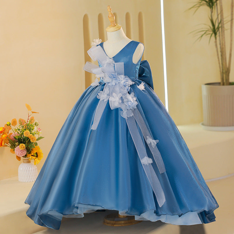 Elegant Baby Girls Blue Sleeveless Puff Princess Dress Toddler Birthday Trailing Party Dresses