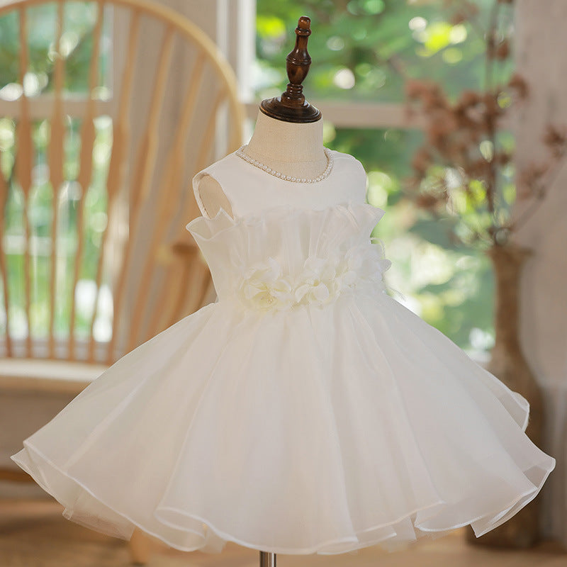 Girls Sleeveless Birthday Dress White Princess Tulle Dress