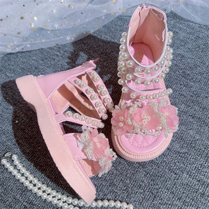 Summer Soft Bottom Princess Flower Pearl Sandals Beach Roman Shoes